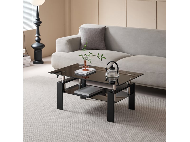  Table basse compacte avec deux plateaux en verre trempé et structure métallique, noire, pour salon, 100 × 60 × 44 cm  - Conforama B