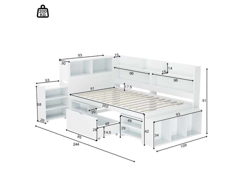  Lit enfant 90x190 blanc tiroirs étagères rangement, sommier à lattes inclus, sans matelas WG - Conforama C