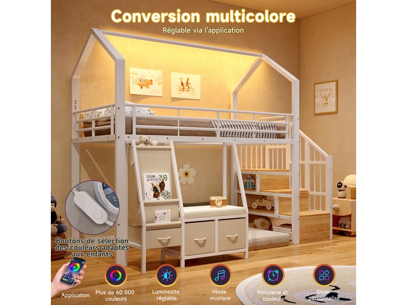 Lit mezzanine cabane 90x200 cm, escalier avec rangement, étagère en tissu et tiroirs, led multicolores, métal et mdf, blanc OMNIGLINT TRADING LTD - Conforama E