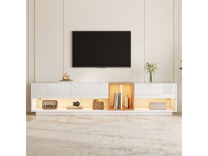  Meuble tv bas 190 cm, finition blanc, avec éclairage led  - Conforama D