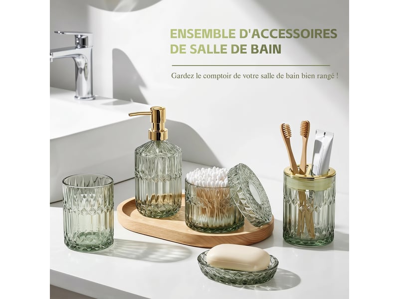  Set salle de bain 5 pièces en verre vert taillé diamant, style rétro, distributeur de savon et porte-brosse à dents  - Conforama W