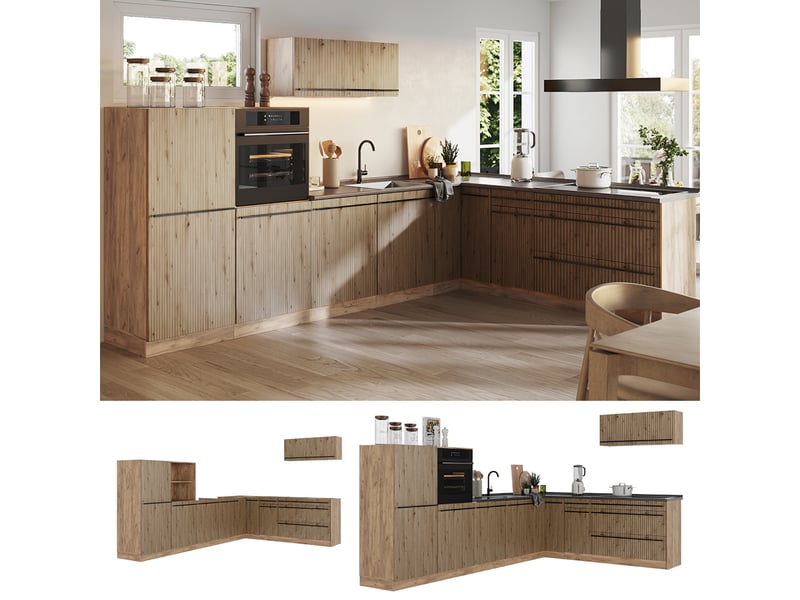 Vicco cuisine en angle, chêne artisanchêne doré, 327 x cm plan de travail anthracite - Conforama D