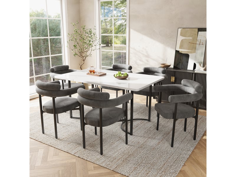  Fauteuil de salle à manger ergonomique à dossier incurvé  - pieds en métal tissu effet daim gris foncé  - Conforama B