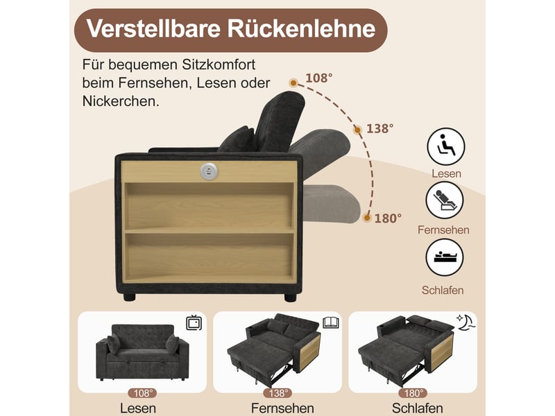  Canapé lit convertible 2 places en chenille avec dossier réglable, porte-gobelet, usb, étagère latérale, 2 coussins - gris  - Conforama E