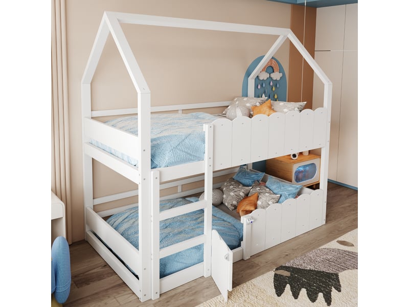  Lit superposé 90x200 cm coloris blanc bois massif lit enfant blanc - Conforama E