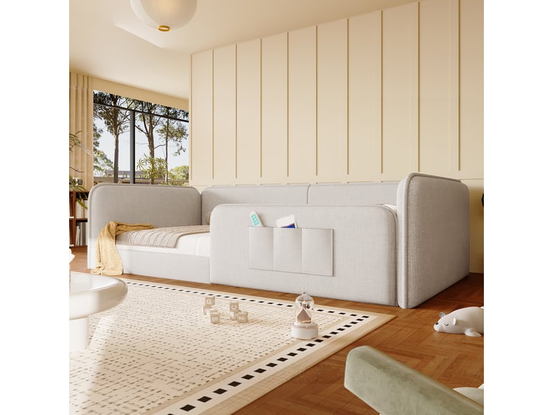  Lit plateforme 90x200 en lin beige rembourré avec poches de rangement et cadre sécurisé  - Conforama D