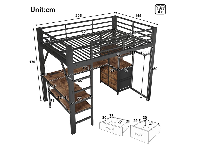 Lit mezzanine 140x200 cm avec bureau d’angle, led, marron vintage et noir - Conforama C