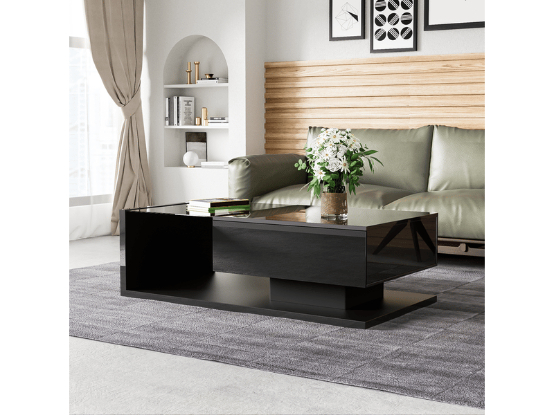  Table basse 105x55x32,5 cm avec verre trempé et led, panneau de particules, noir  - Conforama R