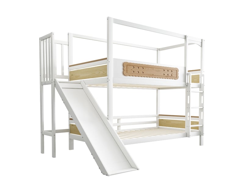  Lit superposé enfant 90x200 cm – blanc et bois naturel – toboggan et échelle large - sans matelas  - Conforama D