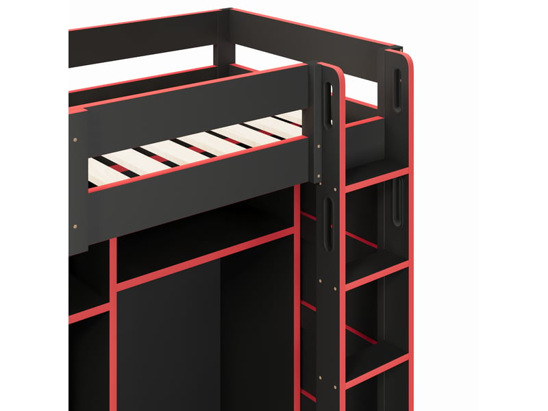 Lit mezzanine 90×200 cm avec bureau, armoire ouverte, led et usb, en mdf et contreplaqué noir et rouge - Conforama D