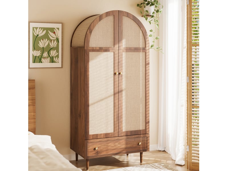  Armoire avec portes revêtues de tissu, tringle, étagères et tiroir pour chambre, en mdf aspect noyer, 79 × 50 × 175 cm  - Conforama B