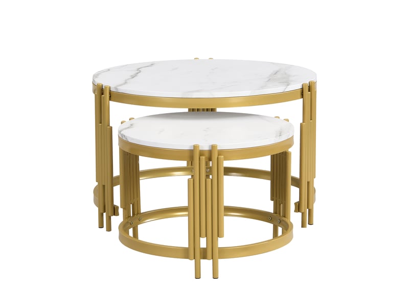  Ensemble de tables basses modulables, aspect marbre, structure en métal doré, tables rondes disponibles en deux tailles.  - Conforama D
