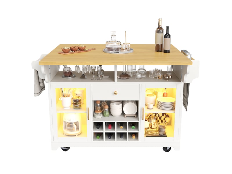  Îlot de cuisine mobile 120 x 40-80 x 95 cm, plateau rabattable, éclairage led rgb et porte-bouteilles, blanc, en mdf  - Conforama A