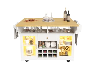 Îlot de cuisine mobile 120 x 40-80 x 95 cm, plateau rabattable, éclairage led rgb et porte-bouteilles, blanc, en mdf