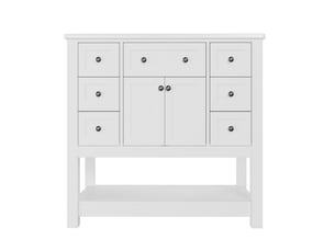 Meuble vasque blanc laqué mdf et céramique 91,5×46,5×90 cm, 6 tiroirs et 1 abattant, 2 portes, poignées noires