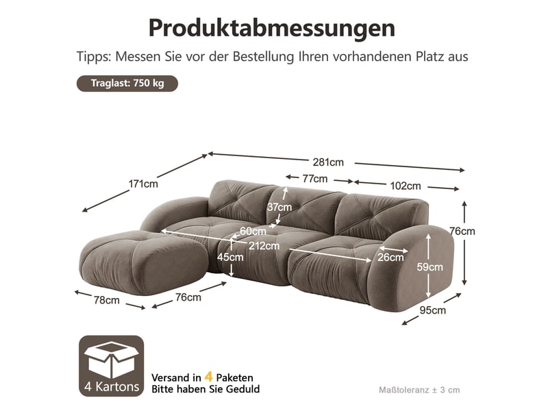  Canapé modulable 3 places en tissu taupe avec repose-pieds, assise moelleuse pour vos moments détente  - Conforama C