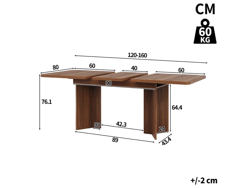  Table à manger extensible 120x160 cm pieds en v rainurés mdf métal marron  - Conforama E
