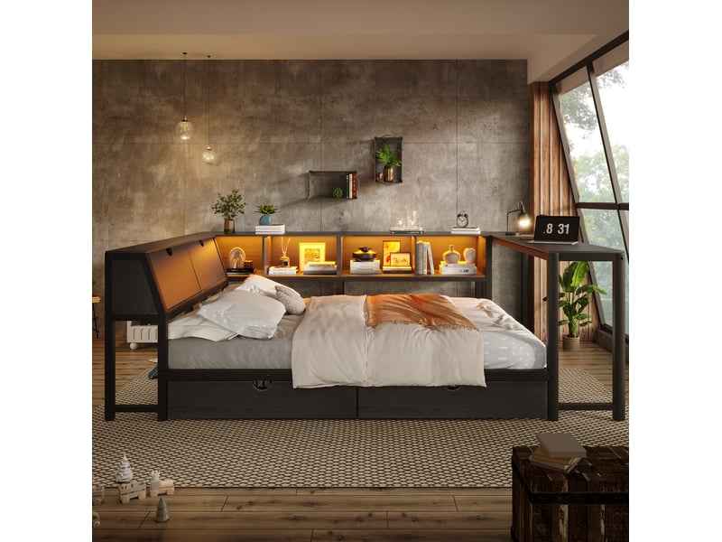 Lit adulte 140x200 cm noir – combiné multifonction avec bureau, rangements et led, style industriel - Conforama B