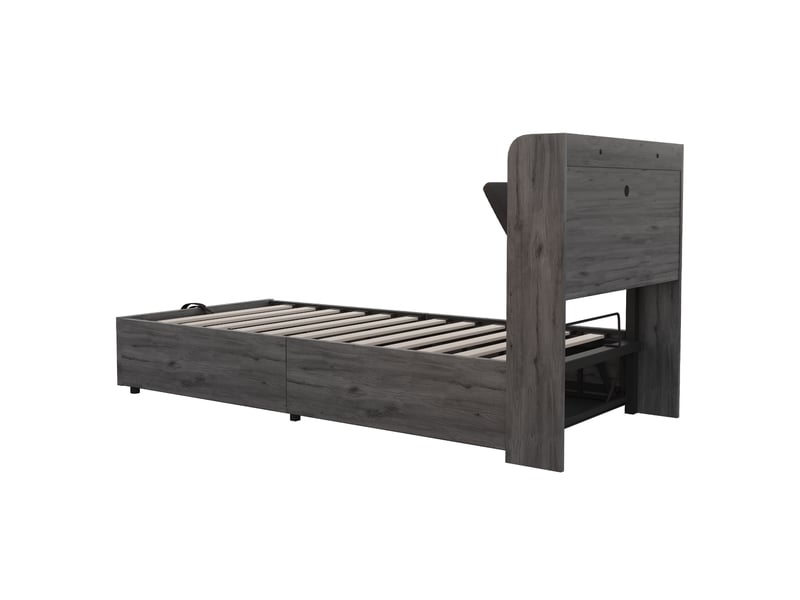  Lit coffre 90 x 200 cm gris mdf, tête de lit avec rangements et ports usb type c, sommier à lattes  - Conforama E