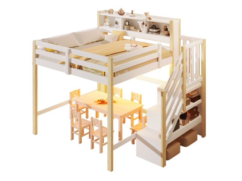  Lit mezzanine enfant 140 x 200 cm avec éclairage led, escalier avec rangements, blanc et naturel, sans matelas  - Conforama A