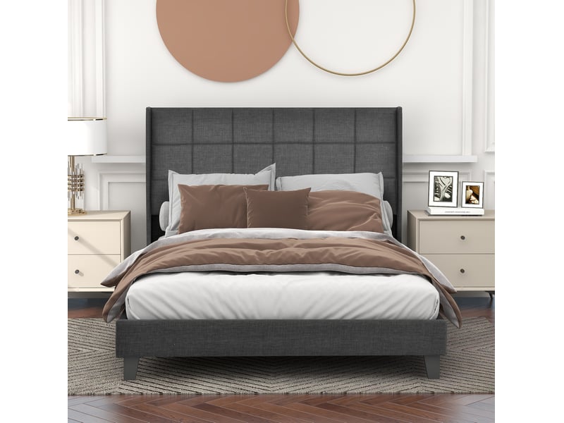  Lit rembourré 140 × 200 cm 2 places avec matelas à ressorts ensachés, sommier inclus, tissu gris  - Conforama C