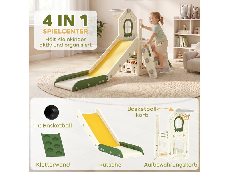  Toboggan pour enfant pliable 5-en-1 avec escalade, panier de basket, espace de rangement et ballon, crème  - Conforama D