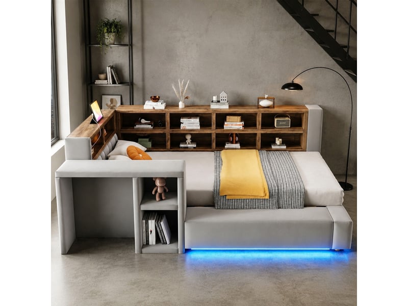  Lit rembourré modenvie 90 x 200 cm avec rangements ouverts, led, prises intégrées dans la tête de lit, tablette latérale, velours gris foncé  - Conforama E