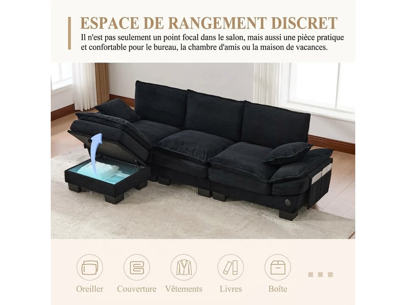 Canapé modulaire 3 places velours côtelé noir - usb-c, 260 x 132 x 84 cm, avec pouf rangement - Conforama W