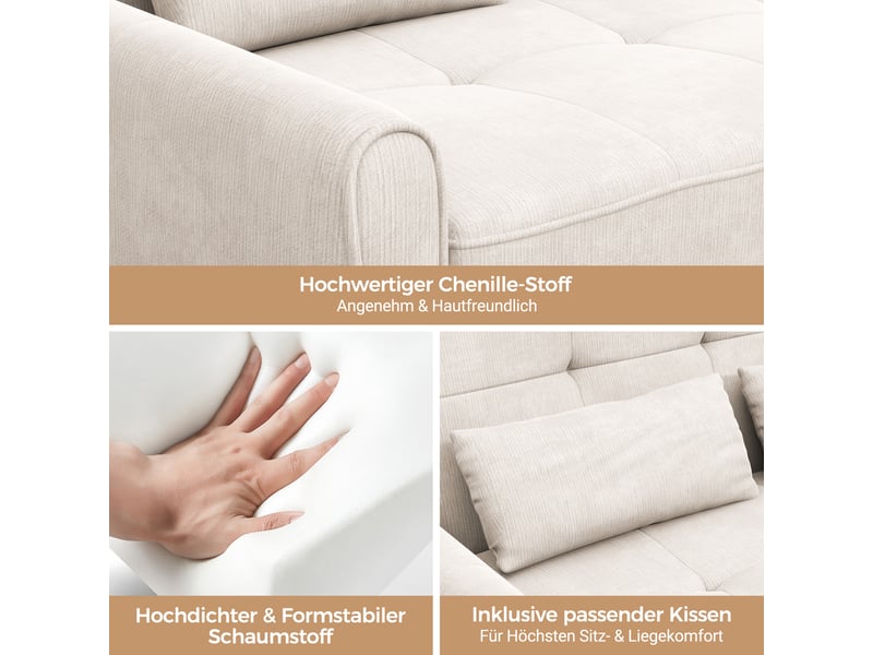  Canapé convertible 3 places en tissu chenille, 3-en-1, dossier réglable 90°145°180°, assise extensible, 3 coussins  - Conforama E