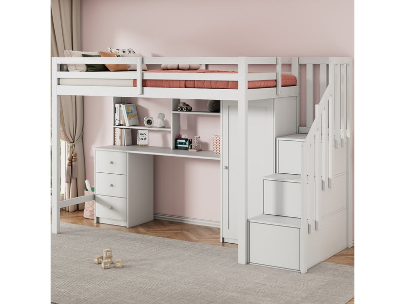  Lit superposé avec bureau et armoire 90x200 cm - bois massif blanc rangement intégré  - Conforama D