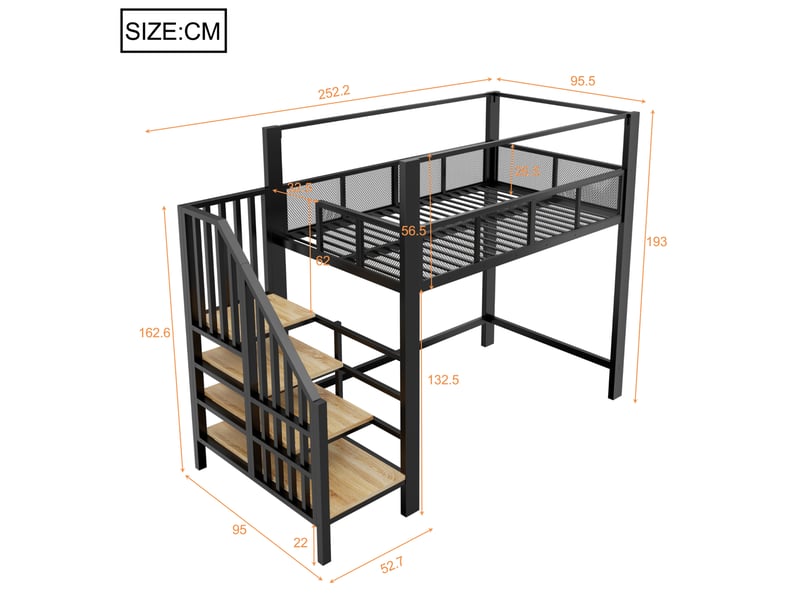  Lit mezzanine 90x200 cm, espace de rangement, avec escalier de rangement et cadre pour voile, métal, noir, sans matelas  - Conforama C