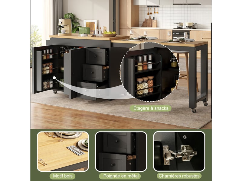 Îlot de cuisine extensible 116-179,5 x 45 x 89 cm, roulettes, 3 tiroirs, étagères latérales, mdf, noir - Conforama B
