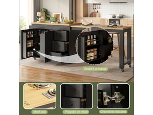 Îlot de cuisine extensible 116-179,5 x 45 x 89 cm, roulettes, 3 tiroirs, étagères latérales, mdf, noir