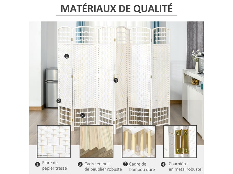  Paravent en bois 242 x 170 cm séparateur de pièce pliable 6 panneaux cloison de séparation chambre à coucher intérieur maison blanc  - Conforama E