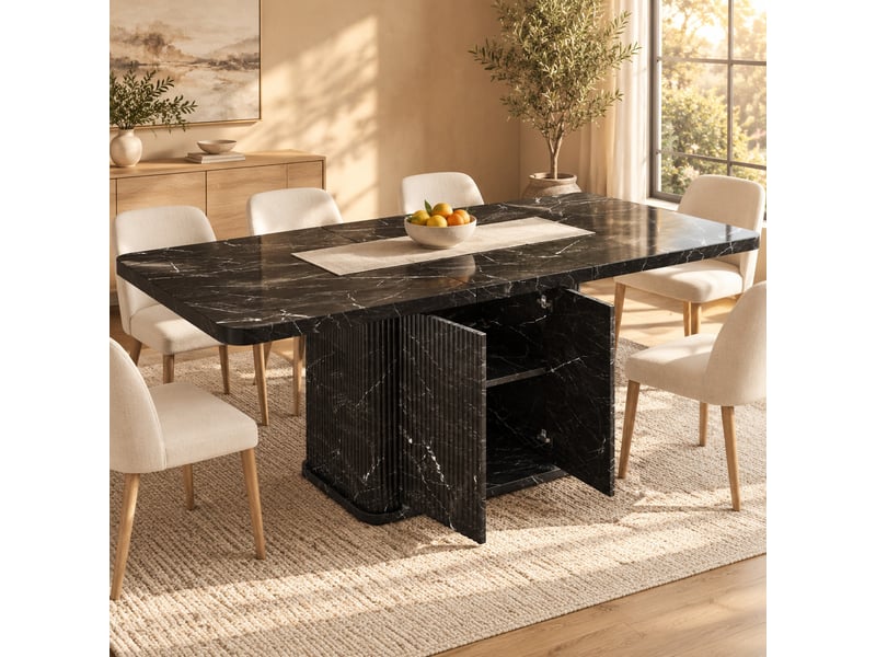  Table de salle à manger extensible avec rangement caché et portes à relief, effet marbre noir, 140 × 80 × 76,5 cm  - Conforama C