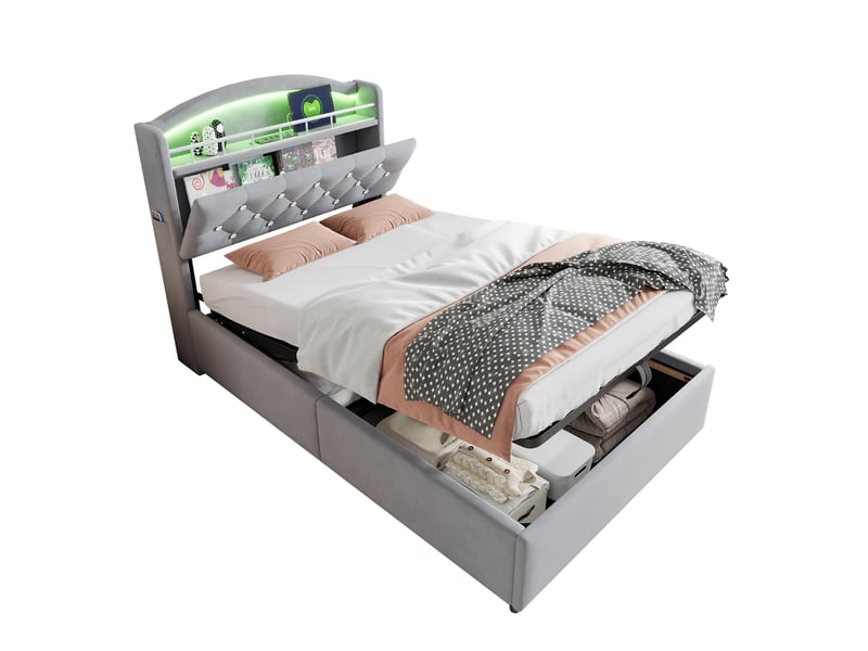  Lit enfant 90x200 cm en velours gris, multifonction avec rangement, led et usb  - Conforama E