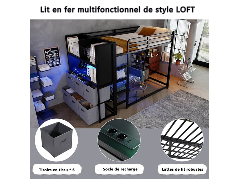 Lit mezzanine 120x200 cm avec rangement intégré, étagères et tiroirs en tissu, éclairage led et ports usb, structure métal,noir OMNIGLINT TRADING LTD - Conforama E