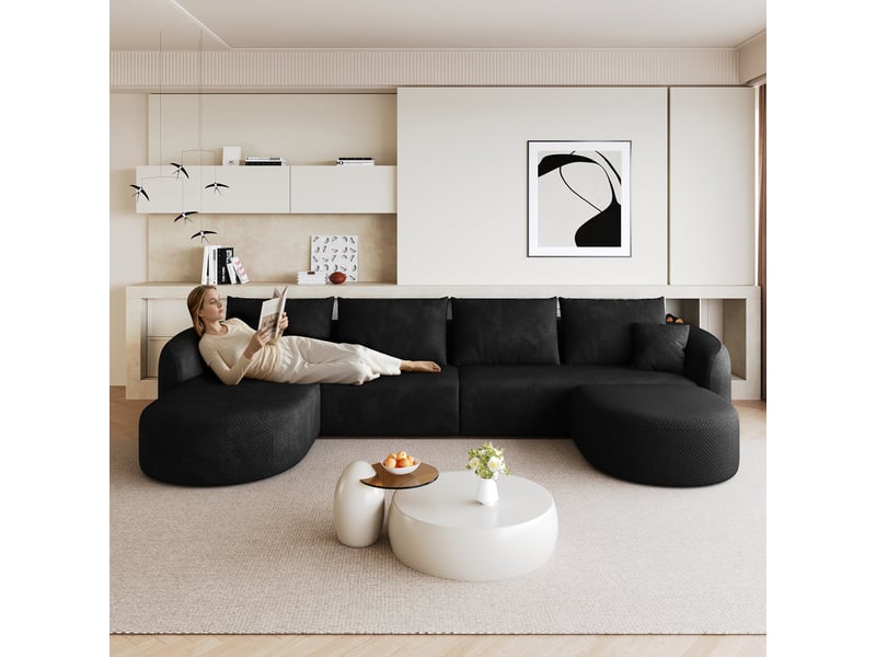  Canapé modulable d'angle en u 336x168cm, structure sans bois, revêtement tissu noir, design contemporain pour salon  - Conforama B