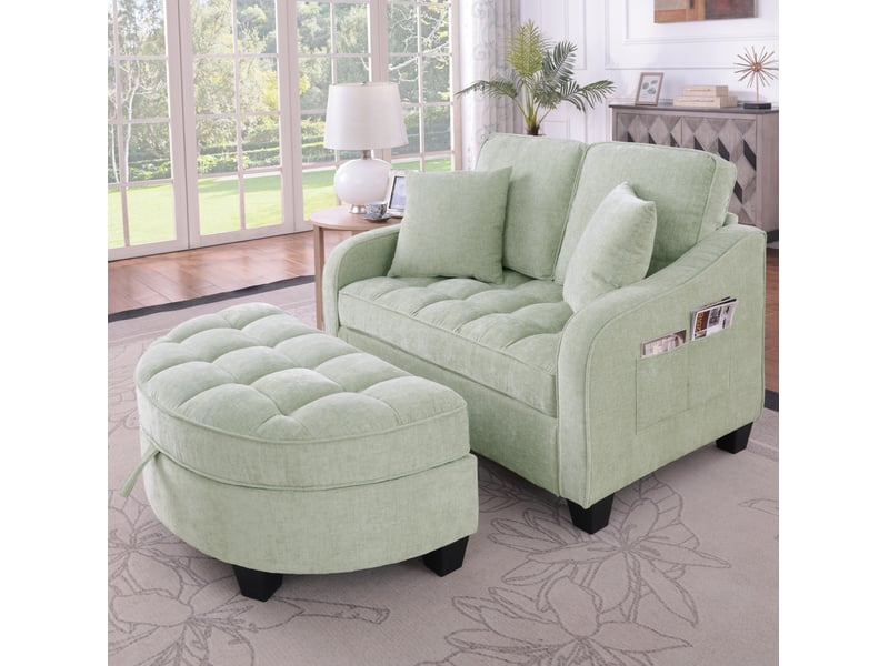  Canapé droit convertible 1 place en tissu bleu avec pouf de rangement, idéal pour les petits espaces  - Conforama E