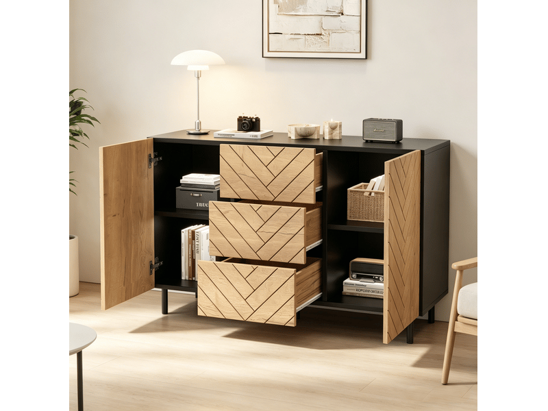 Buffet 120x40x76 cm, 3 tiroirs, 2 portes, meuble de rangement moderne, coiffeuse, commode, aggloméré naturel, séjour - Conforama B