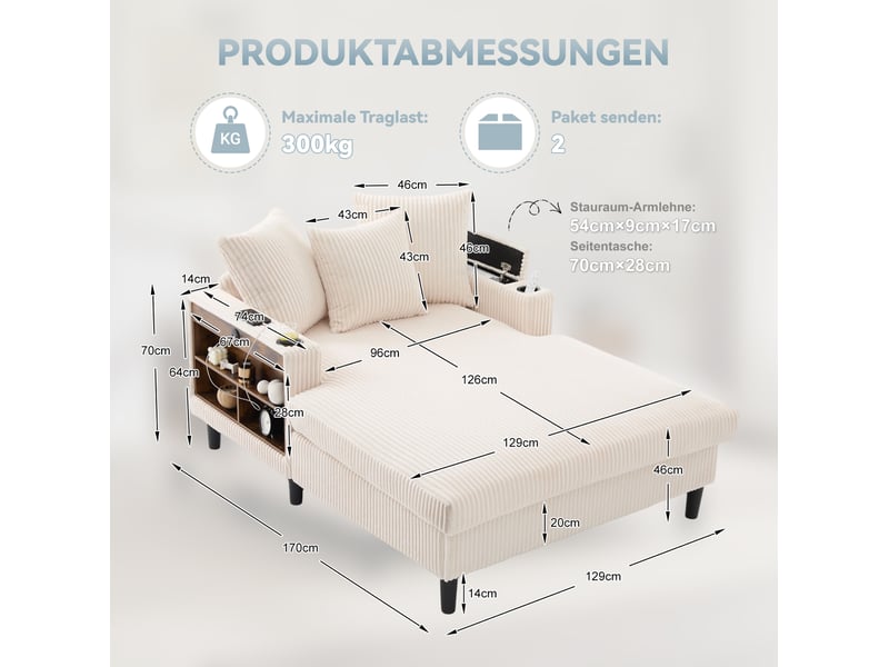  Méridienne fixe 1 place en velours côtelé beige avec led, usb, rangements et 2 porte-gobelets intégrés  - Conforama C