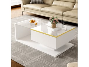 Table basse 90 x 50 x 32,5 cm rangement verre trempé led 16 couleurs pilotable appli panneau particules blanc
