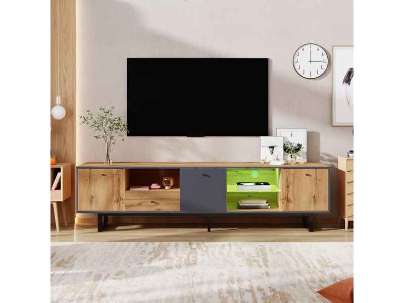  Meuble tv 190x40x50 cm avec 3 portes, 3 niches, tiroir et led intégrées, panneau de particules, bois naturel et anthracite  - Conforama B