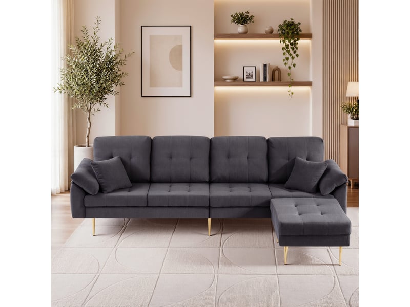  Canapé 4 places en velours côtelé gris foncé, avec pouf mobile, configurable en l, pieds en métal, 250 cm  - Conforama W