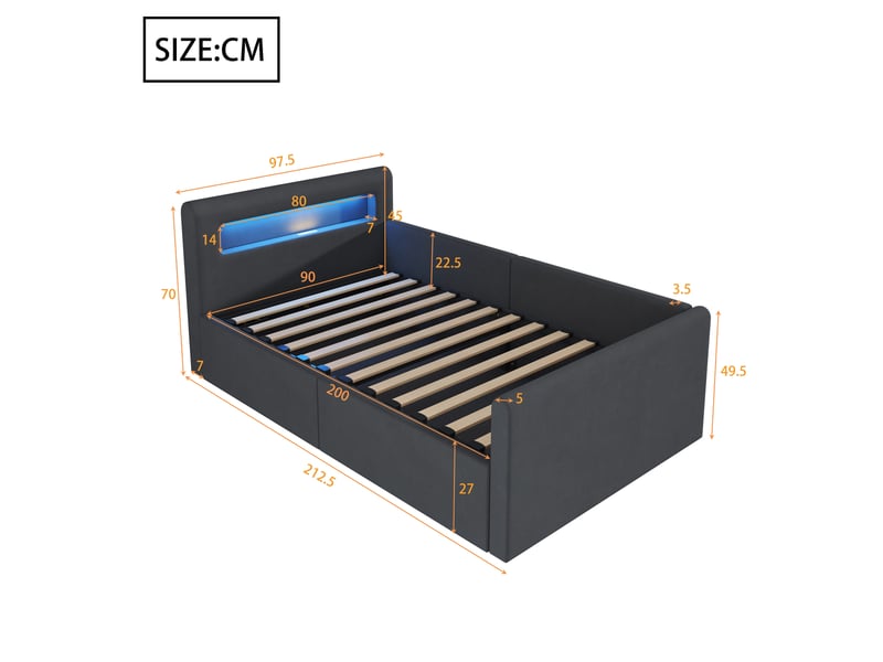  Lit enfant 90x200 cm coffre hydraulique, éclairage led et port usb en velours gris  - Conforama E