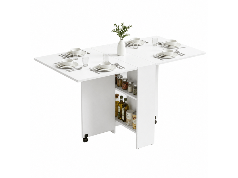 Table à manger pliante gain de place avec roulettes et rangement, table extensible de cuisine pour 6 personnes - Conforama A