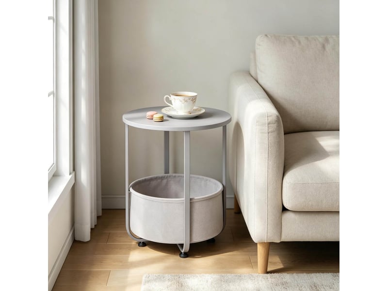 Table d’appoint ronde 45x45x50 cm avec panier en tissu gris - Conforama D