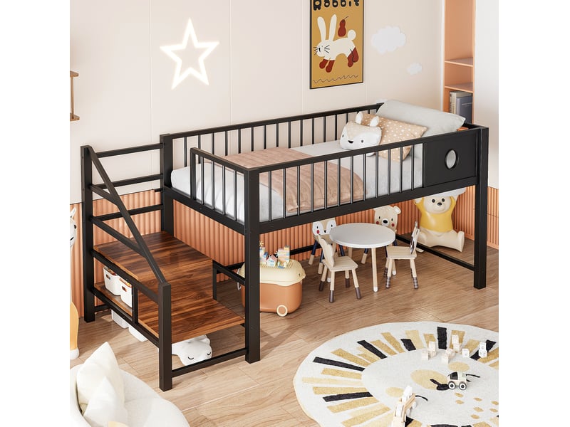  Lit mezzanine bas enfant 90x200 cm avec escalier de rangement, métal noir  - Conforama B