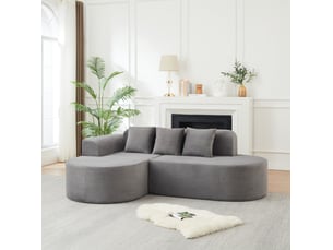 Canapé d'angle 220x155x70 cm gris en velours côtelé, méridienne incurvée et 3 coussins inclus pour salon