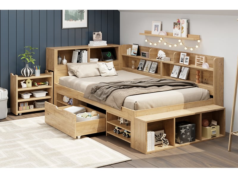  Lit enfant 90x200 cm naturel contreplaqué avec sommier à lattes rangements tiroirs étagères armoires charge sans fil sans matelas Sol Morn - Conforama E